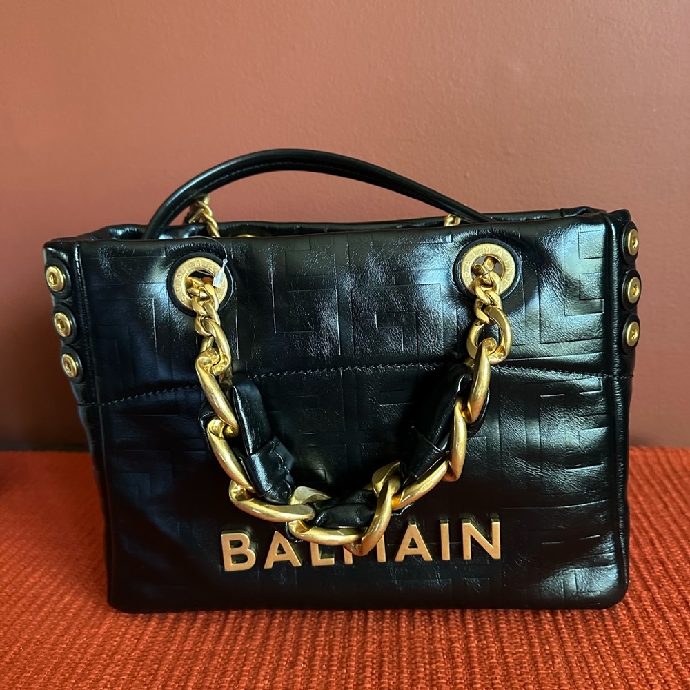 Authentic Balmain Black Quilted Leather Top-Handle Bag with Gold Chain